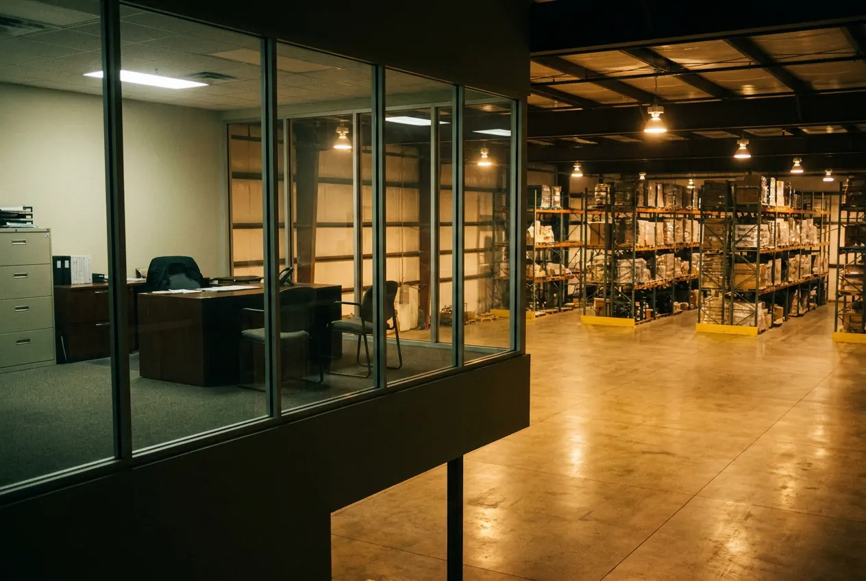 Warehouse office mezzanine at night overlooking a scrubbed concrete floor