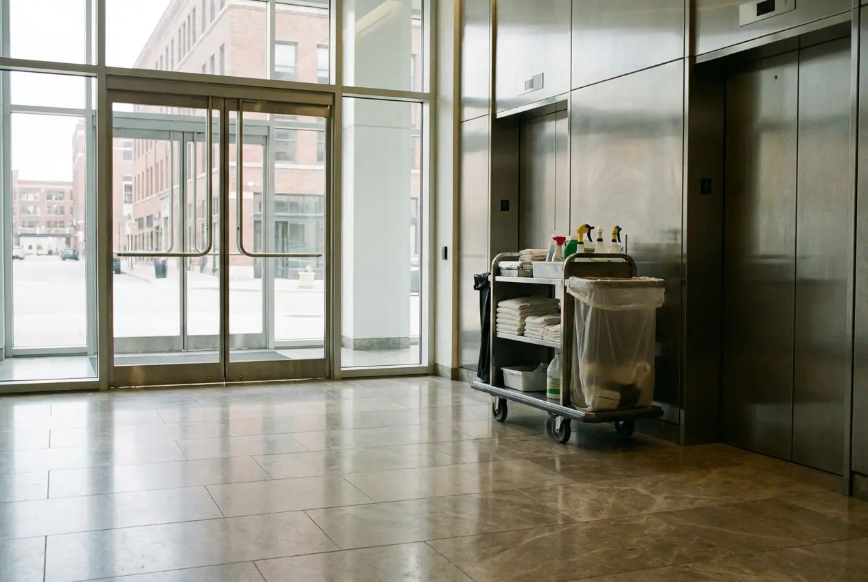 Daytime office lobby with a stocked porter cart
